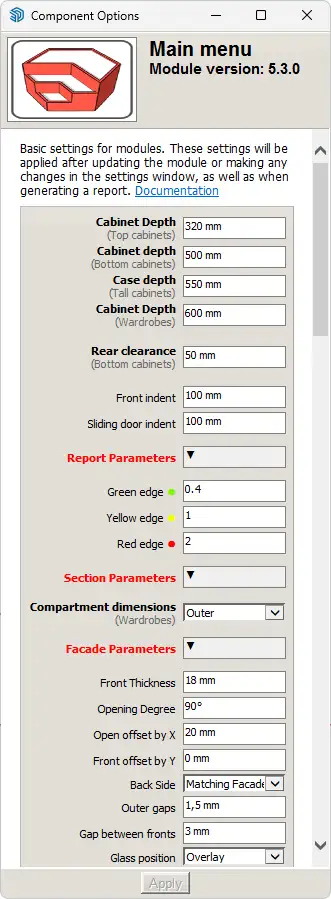Parameters of the "Main Menu" component