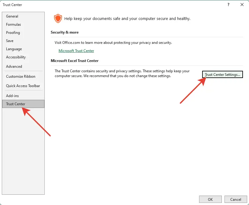 Excel security settings